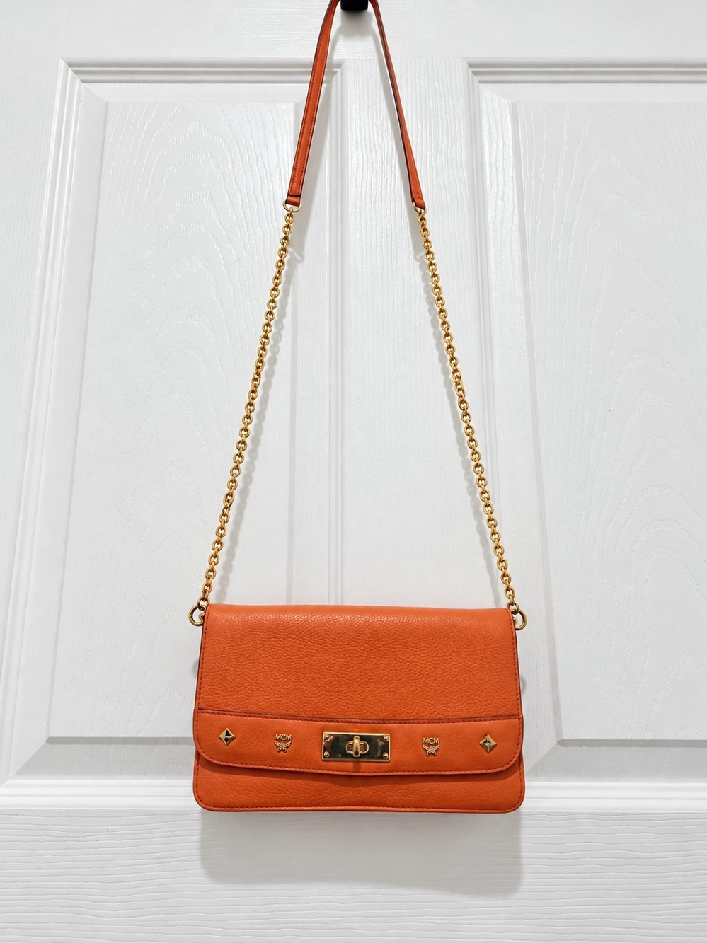 MCM Orange Pebbled Leather Studded Turn Lock Chain Crossbody WOC Bag